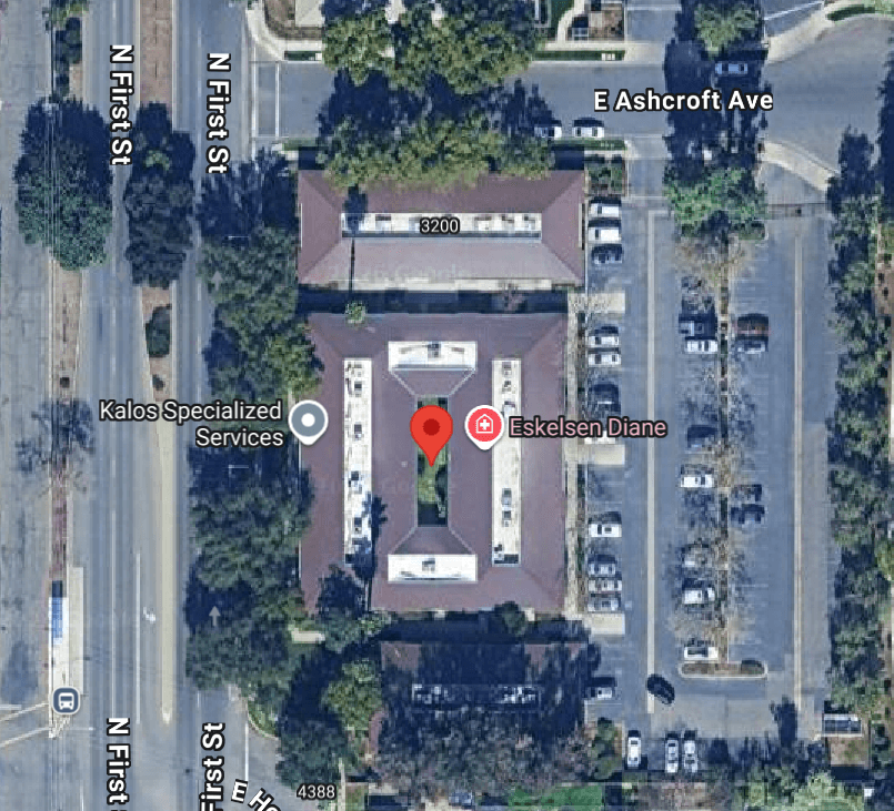 Aerial view of the Community Justice Campus site near North First Street and East Ashcroft Avenue in Fresno.