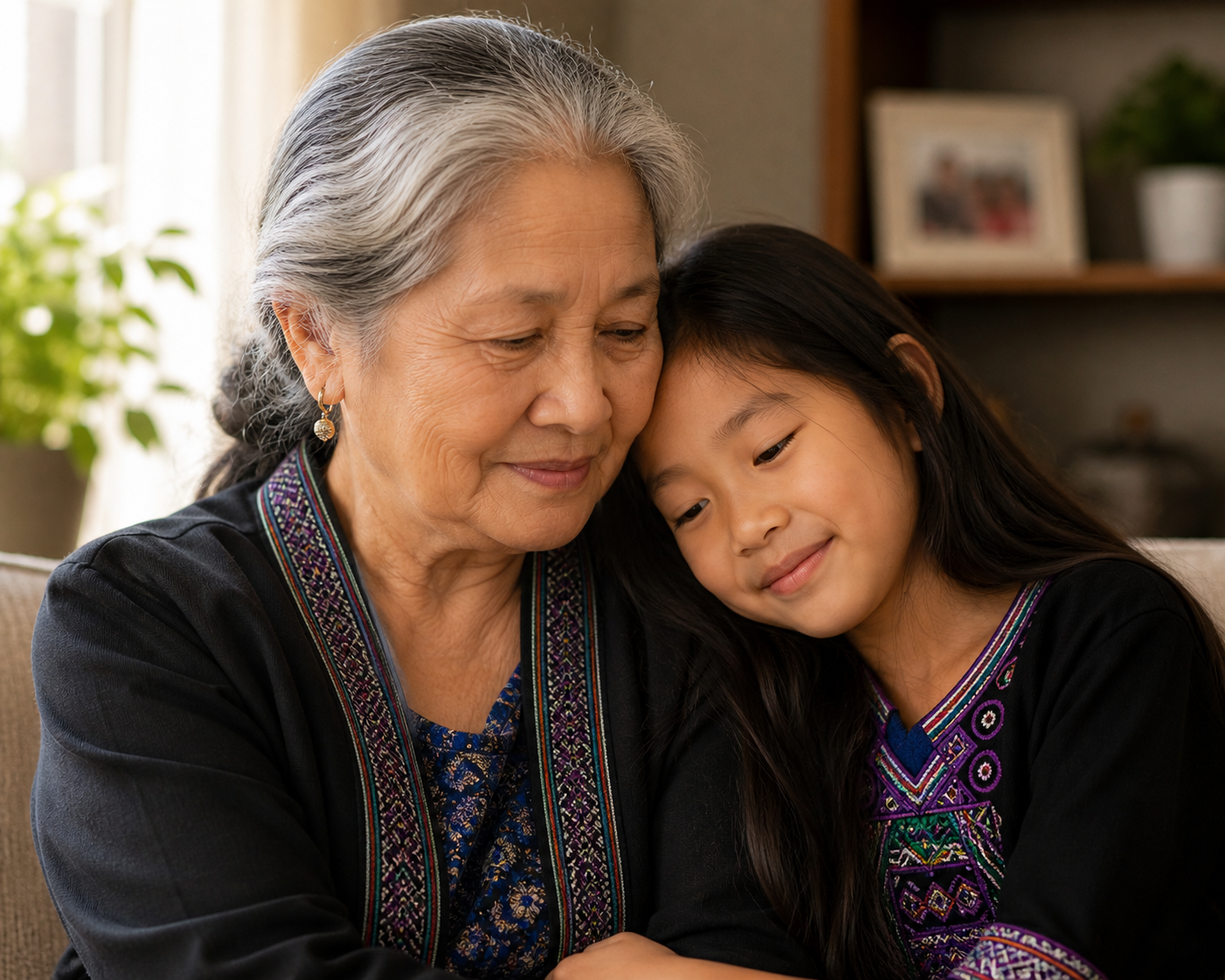 Hmong grandmother and granddaughter sharing a quiet supportive moment